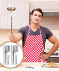 Person in checked apron holding ladle with inset of 40 Pack Manual Stainless Steel Can Openers for Camping and Travel