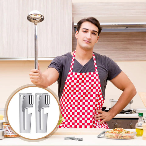 Person in checked apron holding ladle with inset of 40 Pack Manual Stainless Steel Can Openers for Camping and Travel