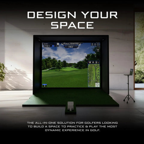 All In One Indoor Golf Studio Simulator Rig With 12 Foot Enclosure, Impact Screen, Launch Monitor, Premium Turf, Floor Projector Package For Realistic Virtual Rounds And Accurate Data Feedback in a modern room setup