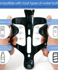 Two Pack Bike Water Bottle Holders For Road And Mountain Bikes Universal Bottle Cage Set with compatibility features displayed.
