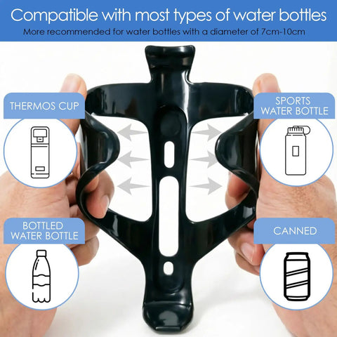 Two Pack Bike Water Bottle Holders For Road And Mountain Bikes Universal Bottle Cage Set with compatibility features displayed.