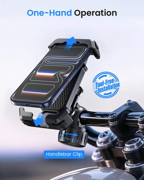 No Jiggle Anti Shake Motorcycle Phone Mount With 2026 Dual Vibration Dampener installed on motorcycle handlebar