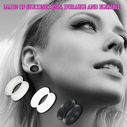 Ultra Thin Silicone Ear Gauge Stretching Kit 4mm to 20mm Black Soft Flexible Tunnels Plugs for Earcare, shown with woman wearing plug
