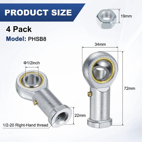 4-Pack PHSB8 Heavy-Duty Rod End Bearings 1/2 Inch Bore 1/2-20 Right Thread Built-To-Last Self-Lubricating Female Thread Steel Joint With Jam Nuts For Forging Machines CNC Equipment Steering Linkages And Automation Tools, 72mm size