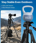 Beefy Heavy Duty Aluminum Camera Tripod With 19 To 75 Inch Extendable Height holding 15 lb weight on rocky terrain