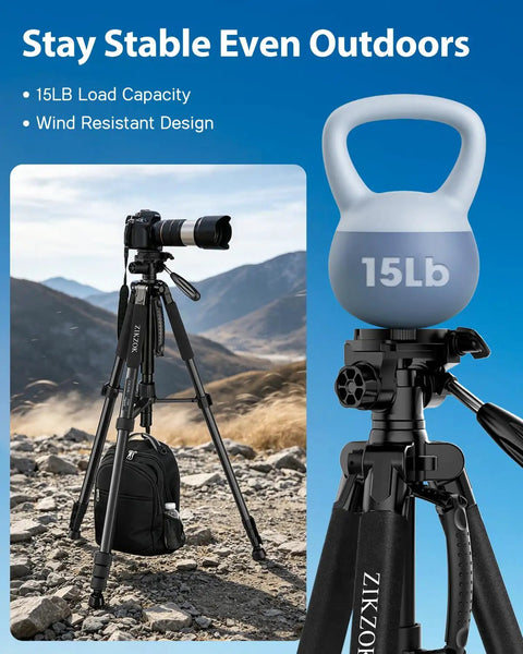 Beefy Heavy Duty Aluminum Camera Tripod With 19 To 75 Inch Extendable Height holding 15 lb weight on rocky terrain