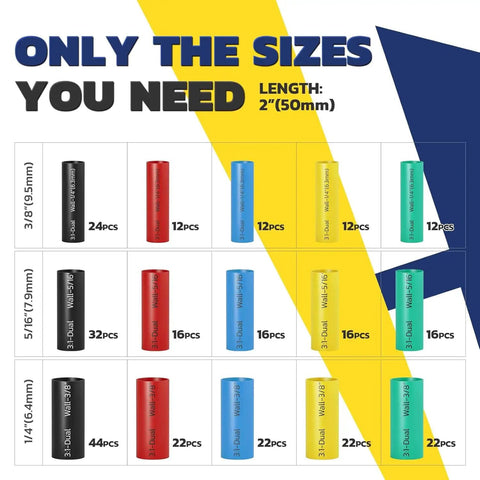 Image showing sizes of the Six Color Heat Shrink Tubing Kit With Three Sizes 300 Pieces One Quarter Inch To Three Eighths Inch And Three To One Shrink Ratio For Wiring Harnesses Diy Projects Marine And Automotive Great For Do It Yourselfers