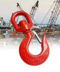 Built Like A Tank Heavy Duty Swivel Lifting Hook Featuring A Secure Safety Latch And Five Ton Working Load Limit Forged From Premium Alloy Steel Chain Rigging Hardware For Industrial Hauling Jobs, close-up view showing red hook and safety latch.