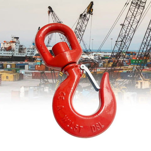 Built Like A Tank Heavy Duty Swivel Lifting Hook Featuring A Secure Safety Latch And Five Ton Working Load Limit Forged From Premium Alloy Steel Chain Rigging Hardware For Industrial Hauling Jobs, close-up view showing red hook and safety latch.