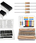 Resistor Kit With Six Hundred Pieces Of One Quarter Watt Five Percent Carbon Film Resistors From One Ohm To One Megohm Plus A Ten Value IC Kit Including LM358P NE555P LM393P LM741CN LM386N LM324N SN74HC595N ULN2003AN TL494CN ULN2803APG assorted