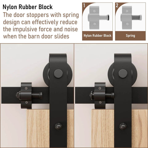 Close-up of Two Pack Adjustable Barn Door Stopper With Spring Cushion, showing nylon rubber block on black-coated aluminum track