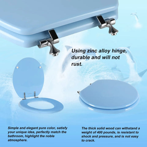 Blue Round Toilet Seat With Zinc Alloy Hinges, No Fuss Easy Install And Clean, Scratch Resistant Natural Wood Finish