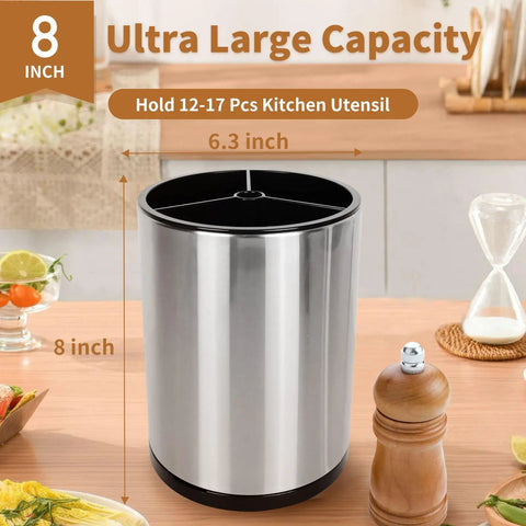 Extra Large Stainless Steel Rotating Utensil Holder For Countertop shown in kitchen setting, 360 Degree Spin feature