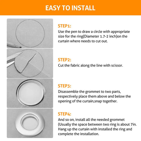 Installation steps for 50 Pack Curtain Grommets 40mm Inner Diameter Plastic Silver Drapery Rings For Shower Curtains And Rods Up To 35mm Durable ABS Material Low Noise Matte Finish Easy Glide