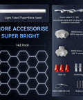 Hexagon LED Garage Light 72 Pack 79200LM Honeycomb Panels Hella Bright with dimensions and accessories