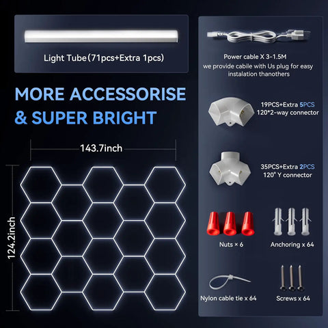 Hexagon LED Garage Light 72 Pack 79200LM Honeycomb Panels Hella Bright with dimensions and accessories