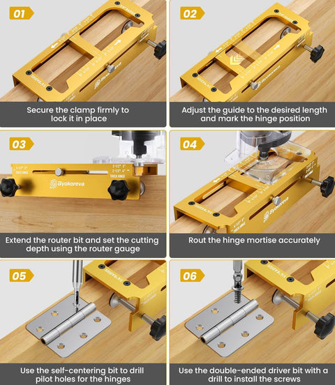 Step-by-step use of All In One Door Hinge Jig And Lock Installation Kit With Aluminum Alloy Adjustable Mortise Template for routers.