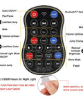 Remote control for Lit Party Ready Mini Disco Ball With Bluetooth Speaker, showing buttons for lights, sound, and timing