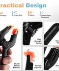 Heavy Duty Balloon Arch Clips Set, 10 Pcs 4.5 Inch Plastic Spring Clamps showing high-strength spring and non-slip handle.