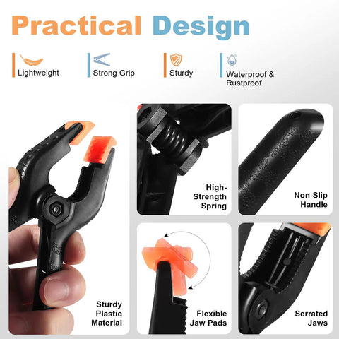Heavy Duty Balloon Arch Clips Set, 10 Pcs 4.5 Inch Plastic Spring Clamps showing high-strength spring and non-slip handle.