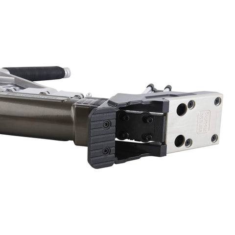 Built Tough Air Powered 18 Gauge L Cleat Flooring Nailer with non marring base plates, close-up of the fastening end.