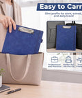 Person placing blue folder into beige bag, showcasing Six Pack 3 Ring Binder Clipboard Set With 1 Inch Linen Binders.