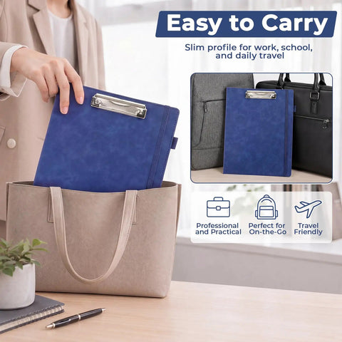 Person placing blue folder into beige bag, showcasing Six Pack 3 Ring Binder Clipboard Set With 1 Inch Linen Binders.