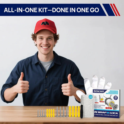 Fast Fix For Loose Drywall Anchors Without Filling Or Redrilling This Complete Repair Kit Includes 22 Patches Plus Screws Anchors A Screwdriver And Gloves For Quick Home DIY Wall Fixes WrapNLock displayed with thumbs up