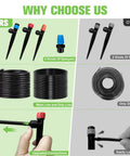 Comparison of 230 Ft Drip Irrigation Kit With Forty Emitters And Adjustable Sprinklers with separate sprayers and tubing.
