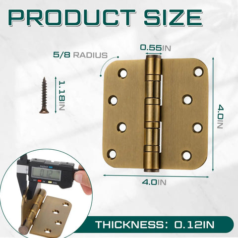 Six Piece Set Of Four Inch Ball Bearing Door Hinges With Five Eighths Inch Corner Radius Featuring Heavy Duty Brass Finish And Included Mounting Hardware For Breeze Through Installation And Smooth Swing with measurements.