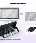 Product details of Two Pack 50W LED UV Exposure Light for screen printing showing LED array, dimensions, and plug close-up.
