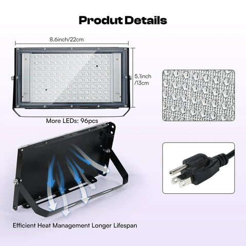 Product details of Two Pack 50W LED UV Exposure Light for screen printing showing LED array, dimensions, and plug close-up.