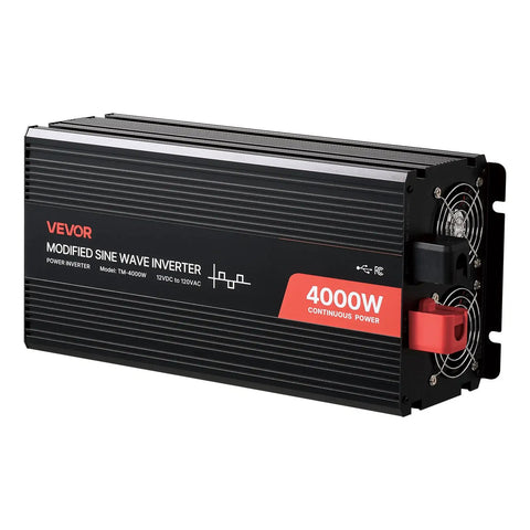 Beefy 4000W Power Inverter Converts 12V DC To 120V AC Modified Sine Wave For RV Truck And Camping Setup, featuring a sleek black design.