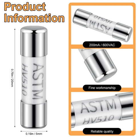 Four Pack Heavy Duty Fast Blow Glass Ceramic Fuses 5x20mm HV510 600VAC Replacement Kit For Multimeters And Outdoor LED Christmas Lights 0.2 Amp Plug And Play Pro Grade