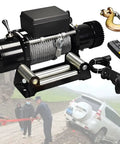 Heavy Duty 4500 Lbs Electric Winch Kit For Jeeps And Trucks includes steel cable, remote control, and roller fairlead for off-road recovery.
