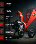 Ultra Duty 7 HP Gas Powered Wood Chipper Shredder Mulcher for Backyard Cleanup with visible engine and discharge guide
