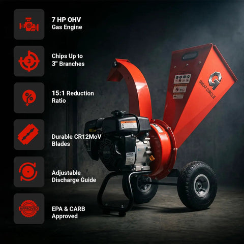 Ultra Duty 7 HP Gas Powered Wood Chipper Shredder Mulcher for Backyard Cleanup with visible engine and discharge guide