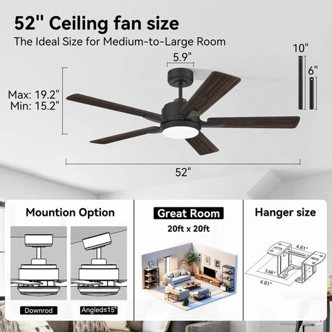 52 Inch Smart Ceiling Fan With Lights Remote Quiet DC Motor Indoor Outdoor Modern Farmhouse Style Dimmable 6 Speed WiFi Alexa Google Assistant App Control Matte Black Ideal For Bedroom Living Room Patio Porch with mounting options and room size guide.