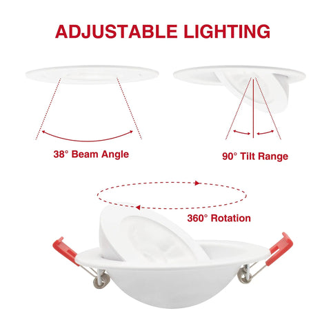 4 Inch Gimbal LED Recessed Light 10 Pack Eyeball Directional Adjustable Dimmable Downlight showing 360° rotation and 90° tilt