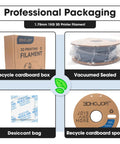 3DHoJor PLA Pro (Plus) grey 1.75mm filament packaging: vacuum-sealed spool, desiccant bag, recyclable cardboard box and spool