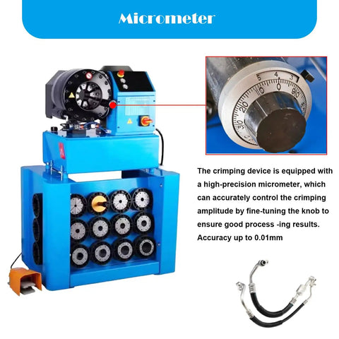 High-precision micrometer on Hardcore Heavy Duty Top Shelf High Pressure Hydraulic Hose Crimper Machine With 13 Interchangeable Dies.