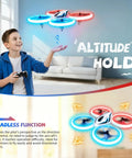 Boy using Easy To Fly RC Drone For Kids And Adults With 3 Batteries And 24 Minute Flight Time Anti Collision Quadcopter in living room