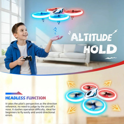 Boy using Easy To Fly RC Drone For Kids And Adults With 3 Batteries And 24 Minute Flight Time Anti Collision Quadcopter in living room
