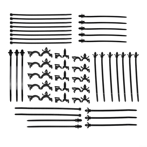 45 Piece Zip Tie And Wire Harness Clip Kit Tames Tangled Wiring Like A Boss With Heavy Duty Push Mount Nylon Fasteners For Auto Truck Engine Bay Routing Setup Black Heat Resistant Indoor Outdoor Gear arranged neatly.