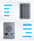 Top Tier Five Bay External Hard Drive Enclosure Built Different With Sleek Aluminum Chassis showing front indicators and rear USB 3.0 interface.