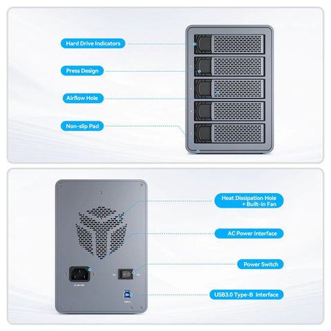 Top Tier Five Bay External Hard Drive Enclosure Built Different With Sleek Aluminum Chassis showing front indicators and rear USB 3.0 interface.