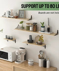 Room with wooden shelves mounted using L Shaped Shelf Brackets For 8 To 10 Inch Boards Heavy Duty Metal Floating Shelf Brackets Black 6 Pack