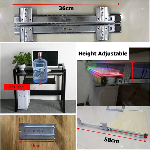 Under Desk Keyboard Tray Pull Out Drawer With Buttery Smooth Glide Rails Height Adjustable Ergonomic Mouse Pad Shelf Major Work From Home Upgrade Quick Plug And Play Install showing adjustable glide rails and installation details.