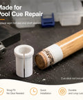 8 Piece Pool Cue Shaft Collet Set for Lathe Work and Maintenance, repair kit parts with wooden cue end and white collet.