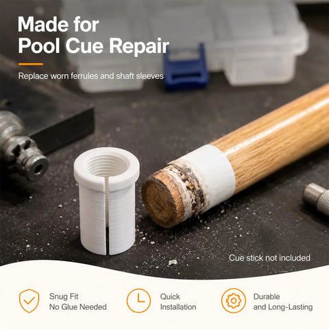8 Piece Pool Cue Shaft Collet Set for Lathe Work and Maintenance, repair kit parts with wooden cue end and white collet.